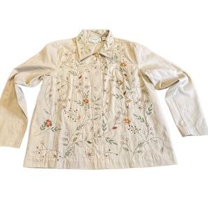 Tantrums Embroidered tan‎ Shirt Shacket with fall colors and flowers size Large